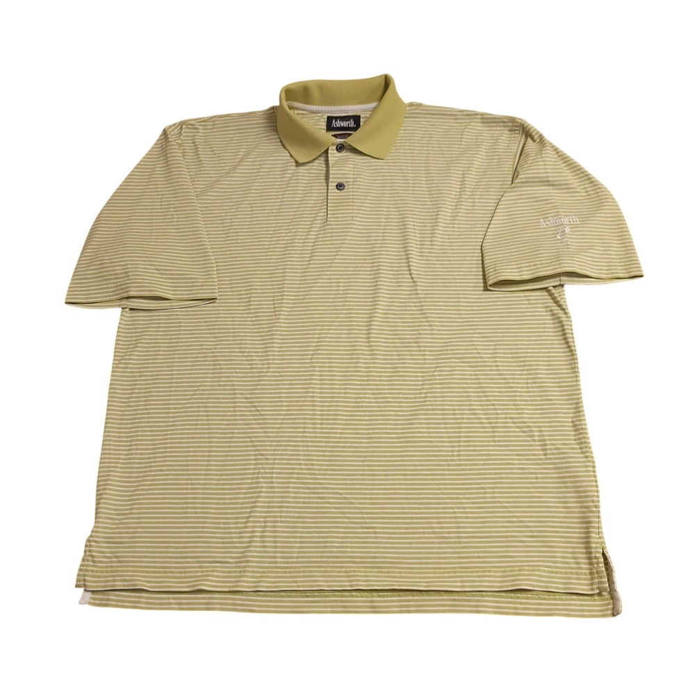 Ashworth Polo Shirt Mens XL Lime Green White Striped EZ-Tech Golf AM Preppy